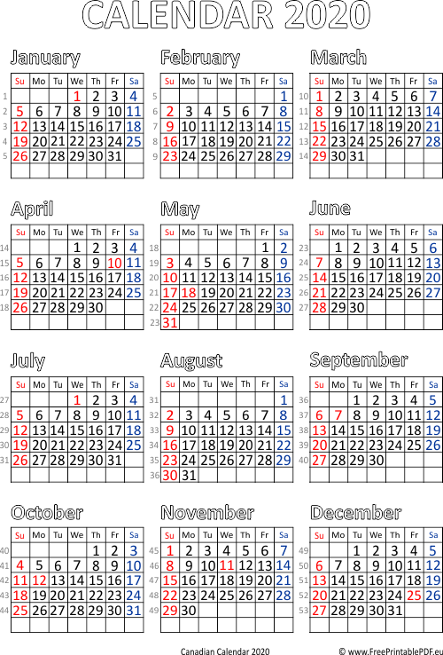 2020 Canada calendar with Statutory Holidays