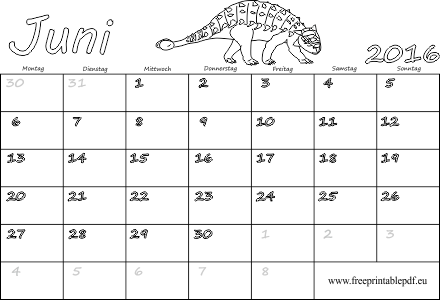 Juni 2016 druckbare Kalender für Kinder
