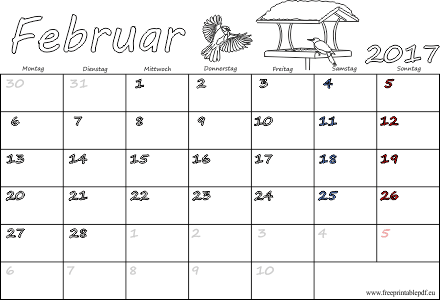 Februar 2017 Kalender mit bunten samstags und sonntags