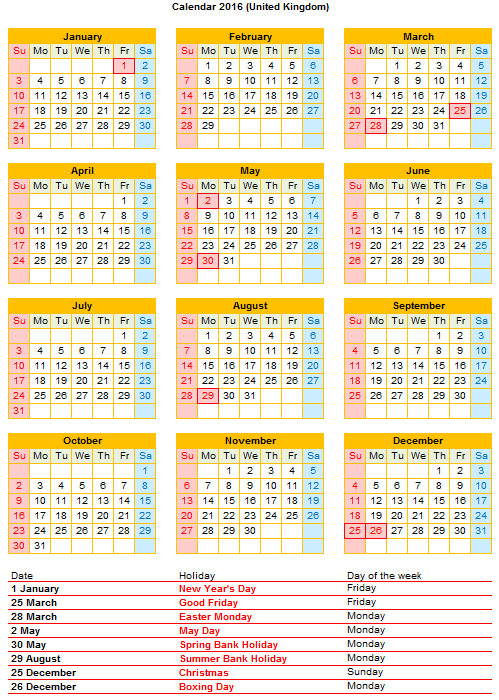British calendar 2016 vector printable