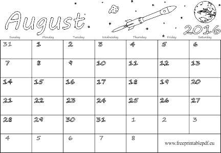 August 2016 blank calendar for kids