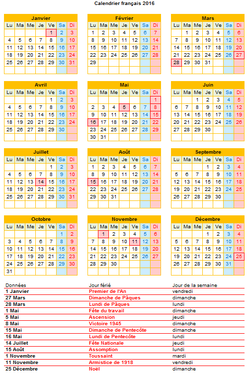 calendrier 2016 pour imprimer