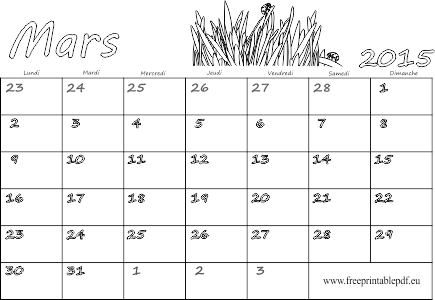 Mars 2015 calendrier à imprimer pour les enfants