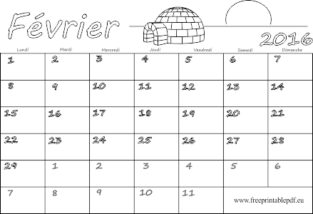 Février 2016 calendrier à imprimer pour les enfants