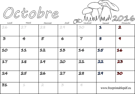 octobre 2016 calendrier à imprimer fériés