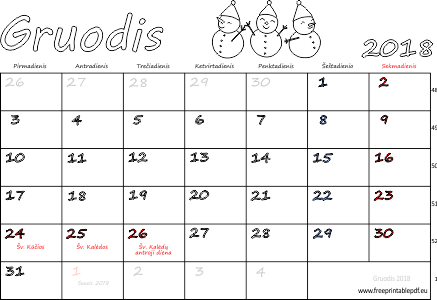 2018 m. gruodis mėn. Kalendorius su atostogomis