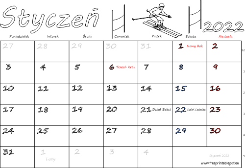 Kalendarz styczeń 2022 ze świętami