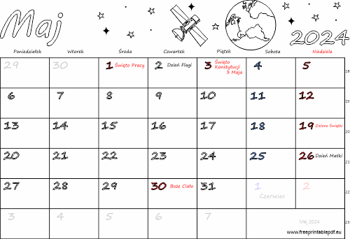 Kalendarz maj 2024 ze świętami
