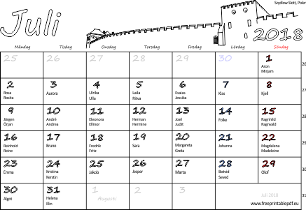 Kalender Juli 2018 med namnsdagar