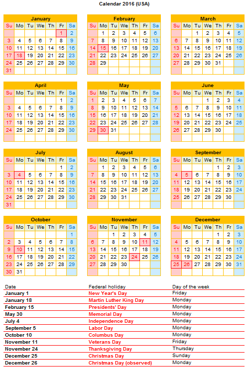 US calendar 2016 vector printable