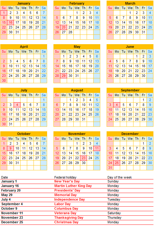 US Calendar 2017 Excel edition