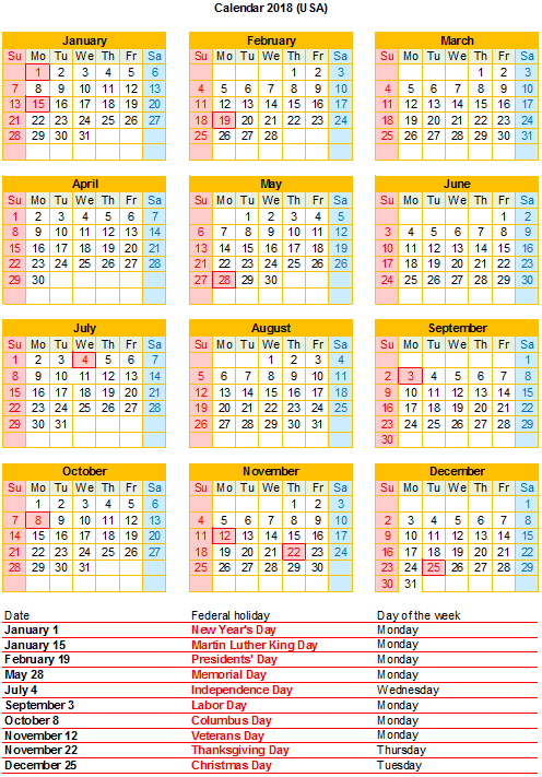 Free 2018 Excel Calendar