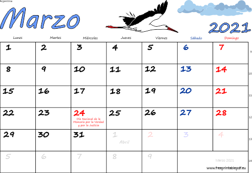 marzo 2021 del calendario con los festivos coloridos