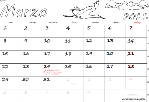 marzo 2021 del calendario con los festivos