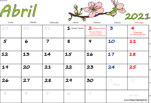 abril 2021 del calendario con los festivos coloridos