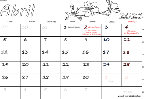abril 2021 del calendario con los festivos