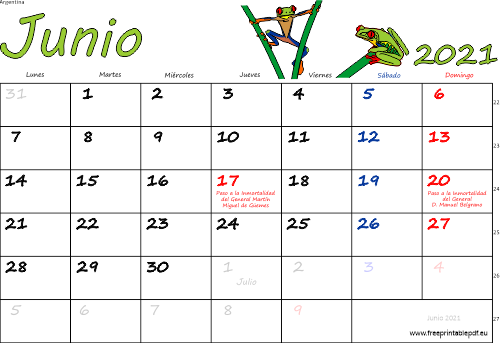 junio 2021 del calendario con los festivos coloridos