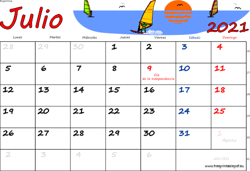 julio 2021 del calendario con los festivos coloridos