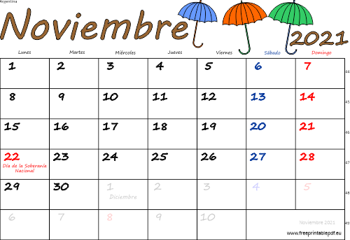 noviembre 2021 del calendario con los festivos coloridos