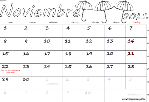 noviembre 2021 del calendario con los festivos