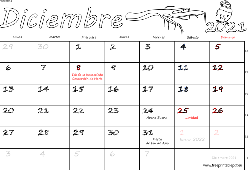 diciembre 2021 del calendario con los festivos