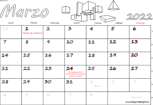 marzo 2022 del calendario con los festivos