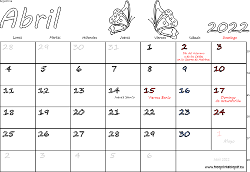 abril 2022 del calendario con los festivos