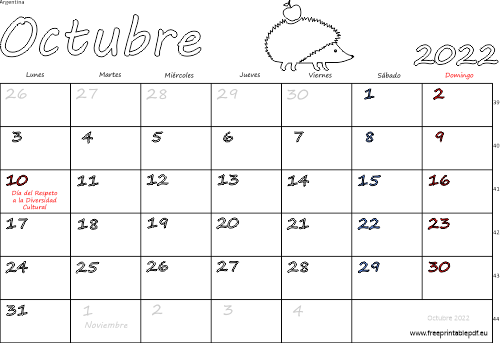 octubre 2022 del calendario con los festivos