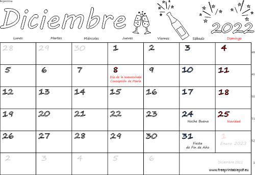 diciembre 2022 del calendario con los festivos