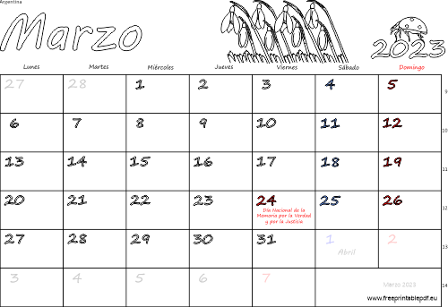marzo 2023 del calendario con los festivos