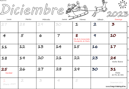 diciembre 2023 del calendario con los festivos