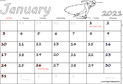 January 2021 Australia calendar with holidays