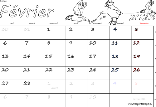 Février 2023 calendrier à imprimer fériés