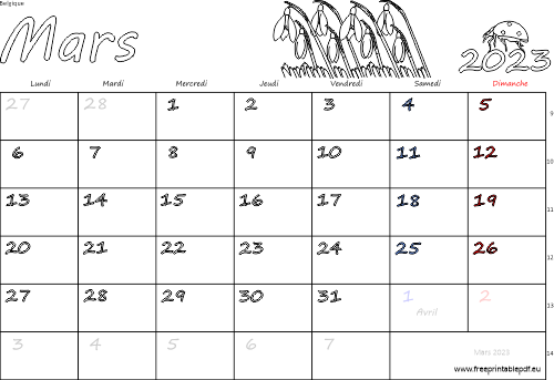 Mars 2023 calendrier à imprimer fériés