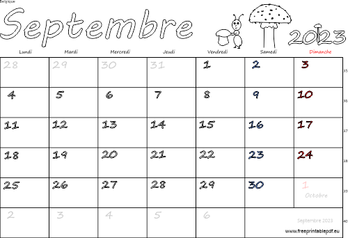 Septembre 2023 calendrier à imprimer fériés