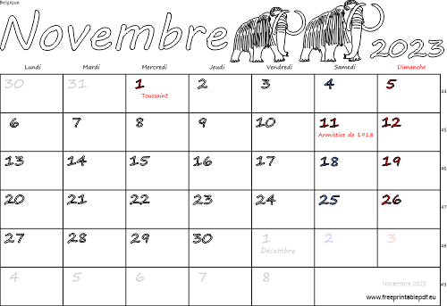 novembre 2023 calendrier à imprimer fériés