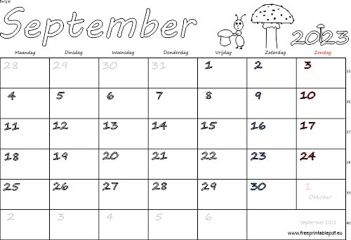 Download kalender voor september 2023 gratis