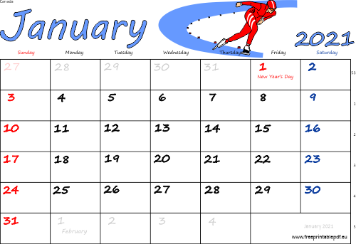 January 2021 Canada calendar English color