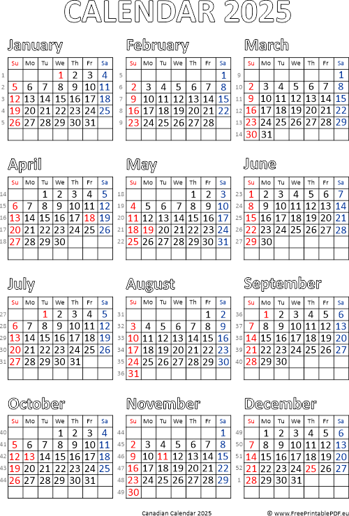 2025 Canada calendar with Statutory Holidays