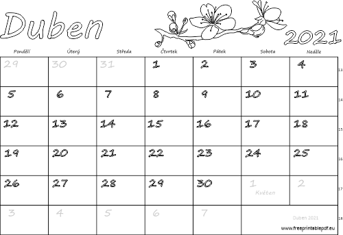 Kalendář k vytisknutí pro děti do barvy Duben 2021