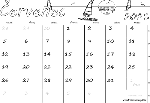 Kalendář k vytisknutí pro děti do barvy Červenec 2021