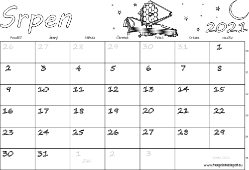 Kalendář k vytisknutí pro děti do barvy Srpen 2021