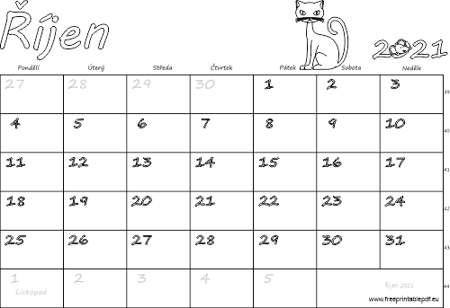 Kalendář k vytisknutí pro děti do barvy Říjen 2021