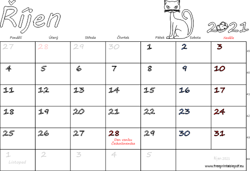 Kalendář k vytisknutí Říjen 2021