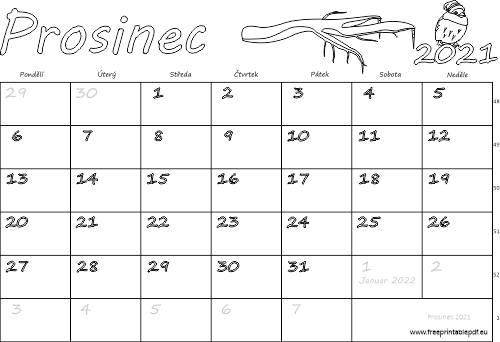 Kalendář k vytisknutí pro děti do barvy Prosinec 2021