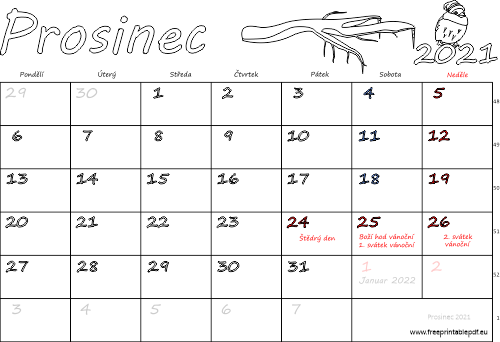 Kalendář k vytisknutí Prosinec 2021