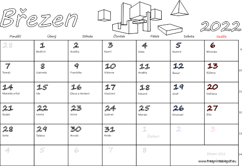Kalendář k vytisknutí Březen 2022 jmeniny