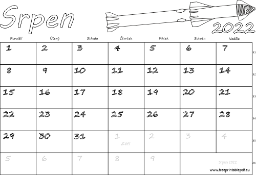 Kalendář k vytisknutí pro děti do barvy Srpen 2022