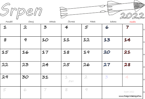Kalendář k vytisknutí Srpen 2022