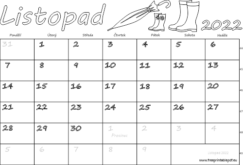 Kalendář k vytisknutí pro děti do barvy Listopad 2022